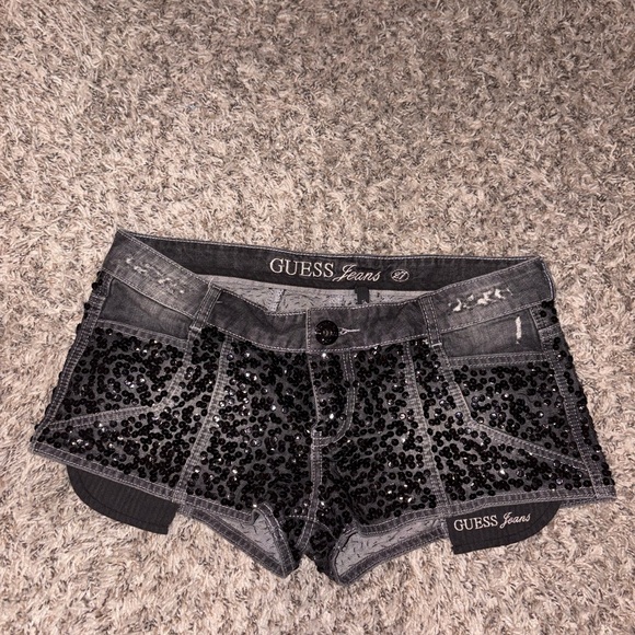 Guess Pants - Guess Black Sequin Embellished Denim Cutoff Shorts